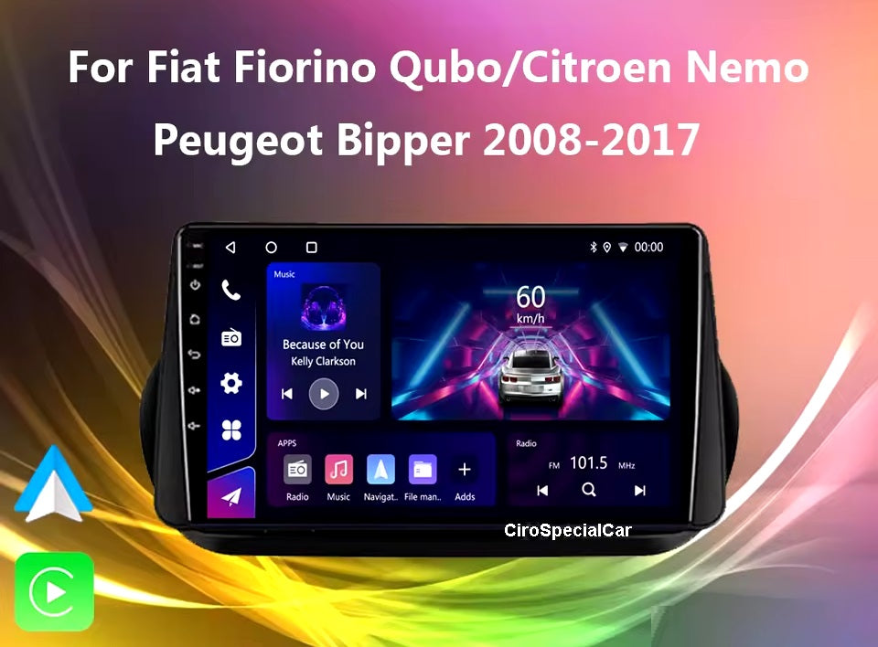 Kit Fiat QUBO 2008 - 2015 / AUTORADIO ANDROID TOUCH 9" WIFI NAVIGATORE 4/64GB