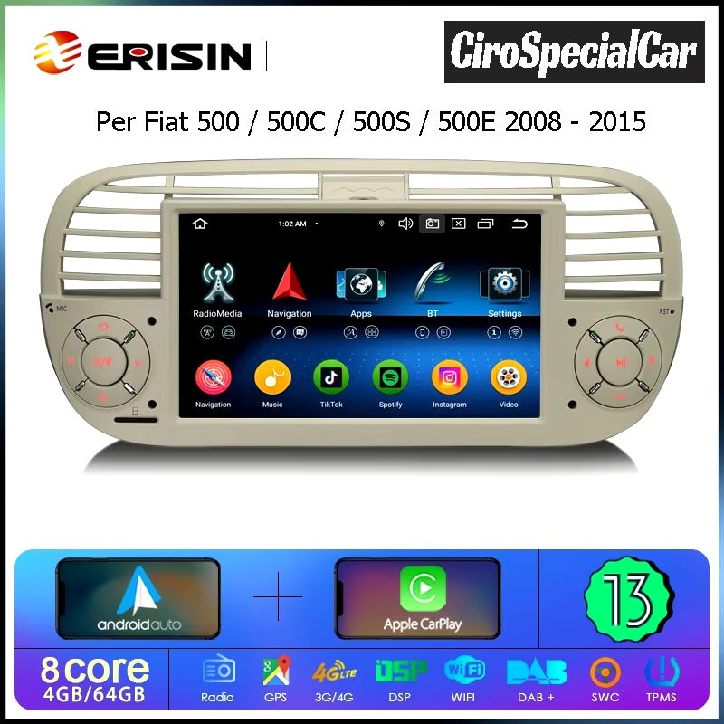 Erisin ES6750FW Android 13 autoradio per Fiat 500/500C/500S e 500E 2008-2015 ( Champagne )