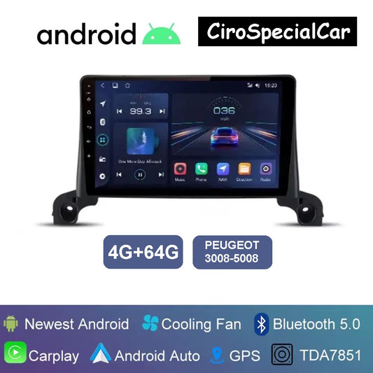 Kit Per Peugeot 3008 P84 5008 P87 2016-2020 Autoradio 4/64 GB 9 pollici + Adattatore 9" + Canbus Box + Cablaggio Originale