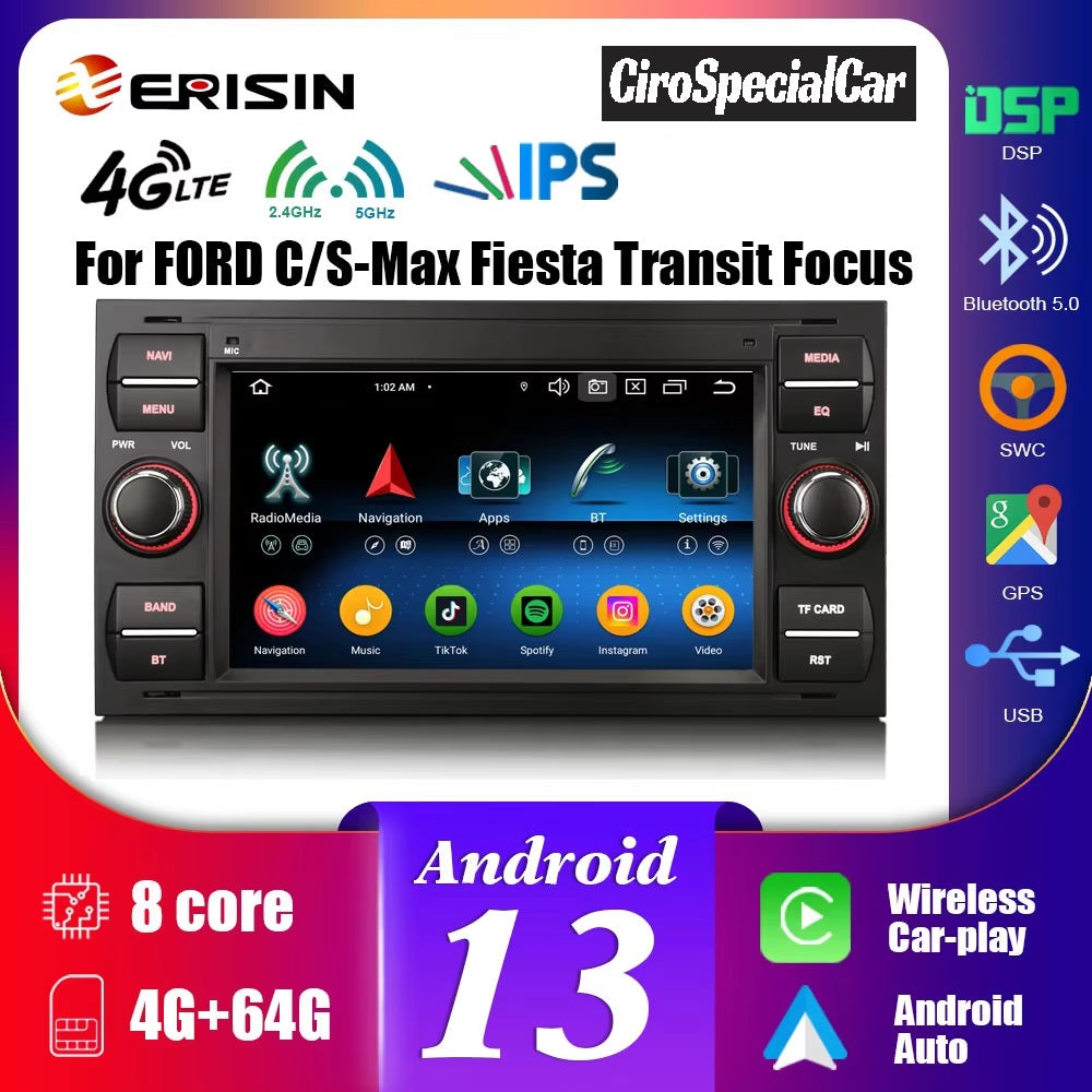 Erisin ES5760PB Android 13 GPS stereo per auto per FORD Focus II Kuga C-Max Transit Fiesta