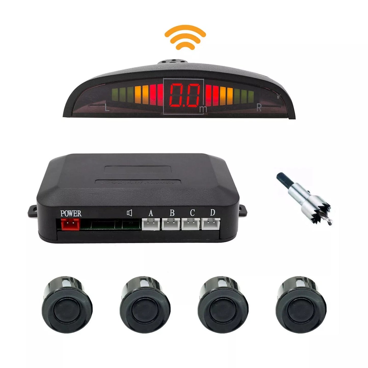 KIT 4 SENSORI DI PARCHEGGIO CON MINI DISPLAY LED SUONO FRESA NERI LED