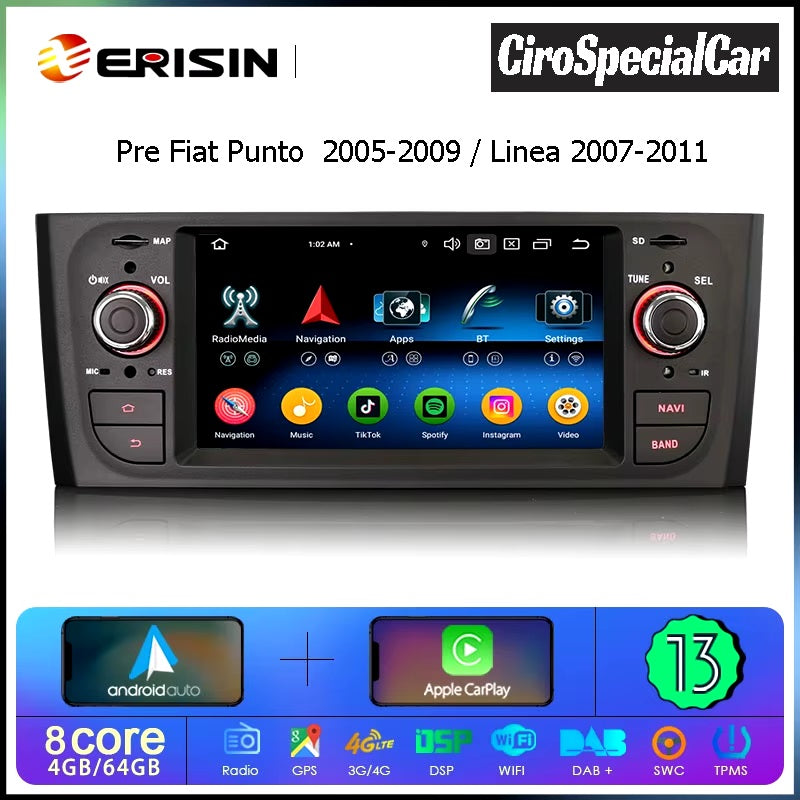 Erisin ES6723L Android 13 autoradio GPS per Fiat Grande Punto 2005-2009 / Linea 2007-2011