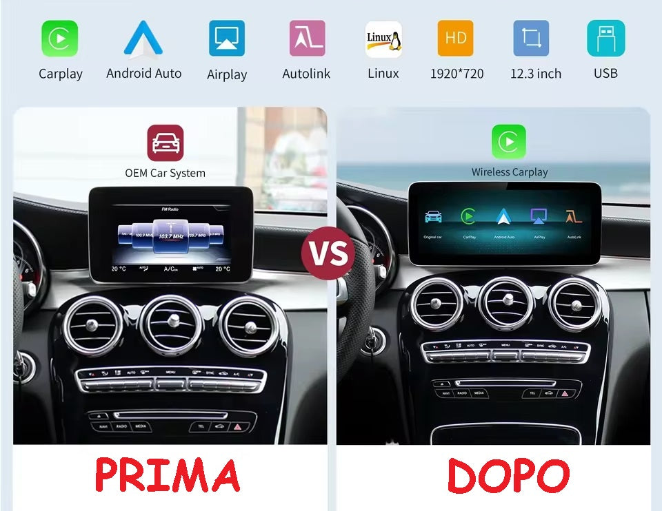 Autoradio CarPlay wireless Carplay/Android Auto da 12.3 '' / Kit Per Mercedes Benz GLA CLA GLC GLK ML W205 W176 C117  2012 - 2015