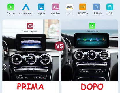 Autoradio CarPlay wireless Carplay/Android Auto da 12.3 '' / Kit Per Mercedes Benz GLA CLA GLC GLK ML W205 W176 C117  2012 - 2015