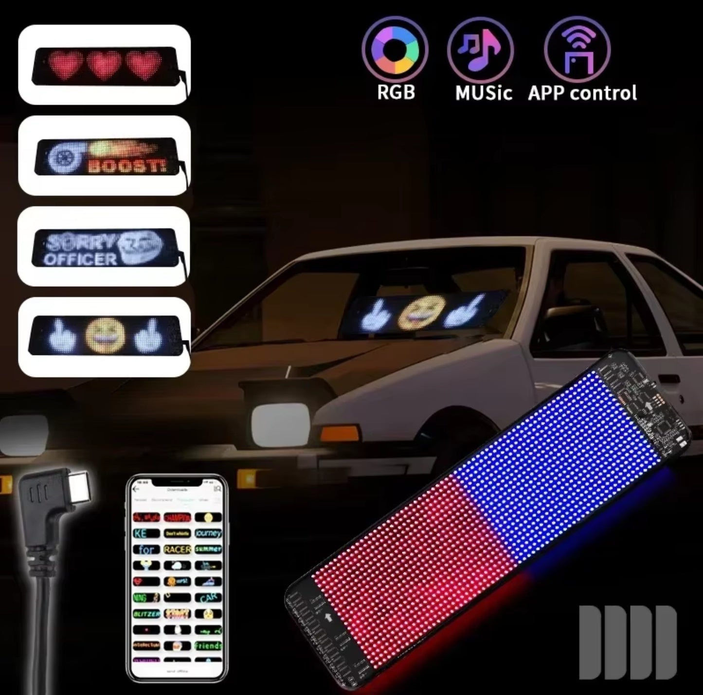 Pubblicità a scorrimento LED Sign USB 5V Bluetooth App Control Logo Light Custom Text Pattern animazione Display programmabile Car