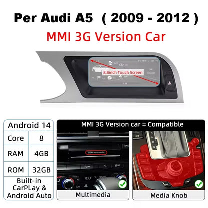 Autoradio - 4/32 GB Andoird 14  + CarPlay wireless + GPS Navigatore + DSP + Unità principale inteligente / Kit Per Audi A5 ( 2009 - 2012 )