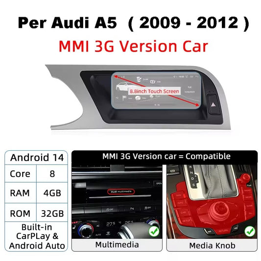 Autoradio - 4/32 GB Andoird 14  + CarPlay wireless + GPS Navigatore + DSP + Unità principale inteligente / Kit Per Audi A5 ( 2009 - 2012 )