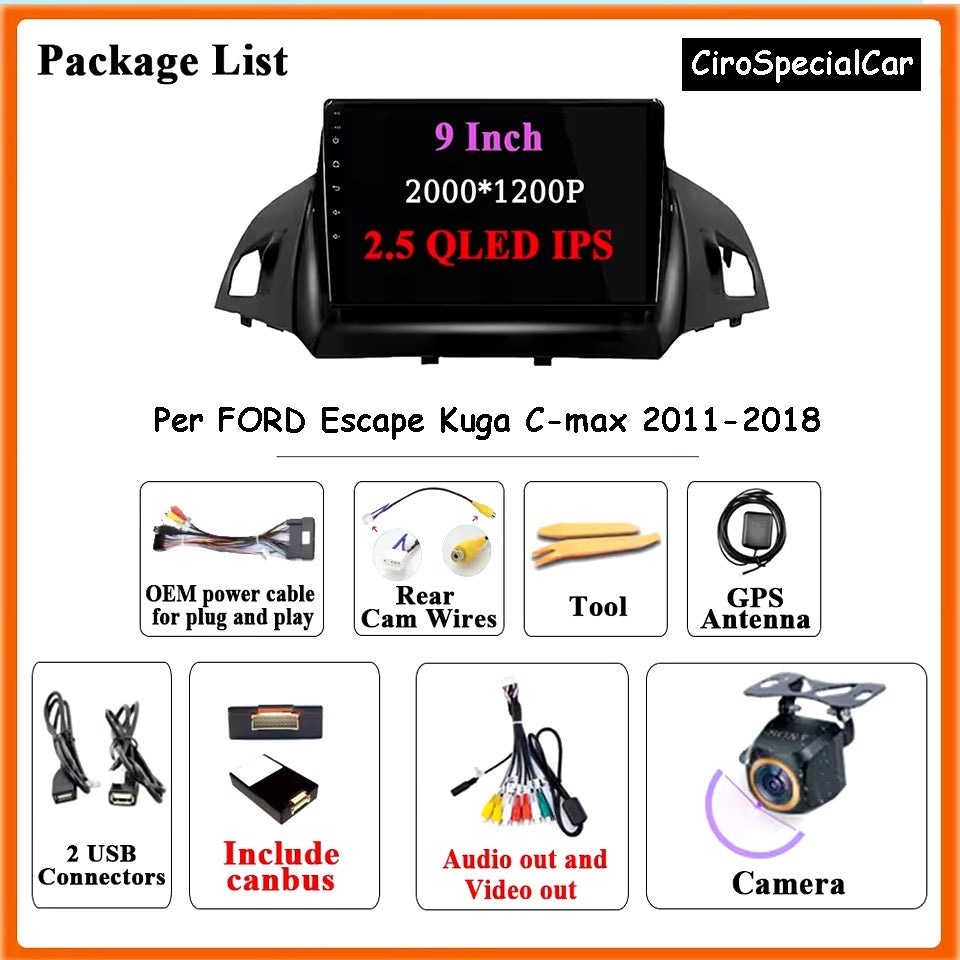 KIT Per FORD Escape Kuga C-max 2011-2018 Autoradio 2/32GB 4/64GB + Adattatore 9" + Canbus Box