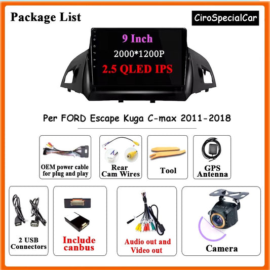 KIT Per FORD Escape Kuga C-max 2011-2018 Autoradio 2/32GB 4/64GB + Adattatore 9" + Canbus Box