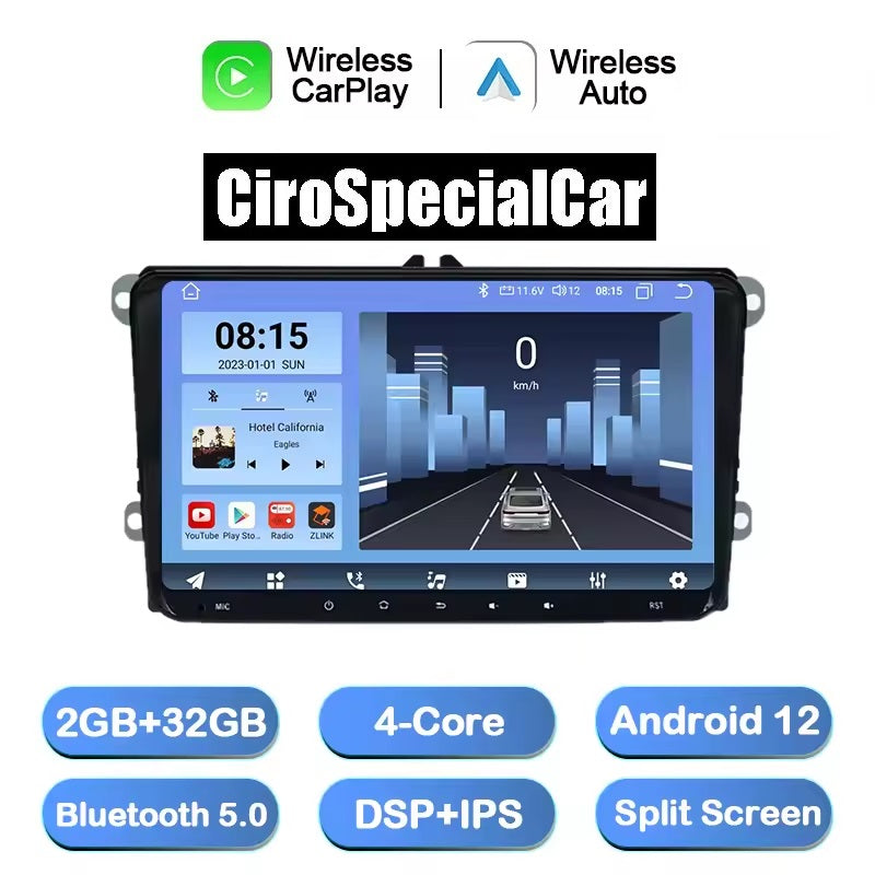 Autoradio 9" 2Din Android 13 Lettore multimediale per auto per VW Polo Bora Golf 5 6 Passat CC B6 B7 Jetta Tiguan Wireless BT GPS Navi Carplay
