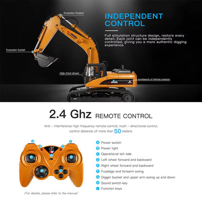 Escavatore RC giocattoli per auto Styling 23 canali costruzione di strade tutte le auto per camion in metallo con fumo di luce a LED 1/16 2.4G
