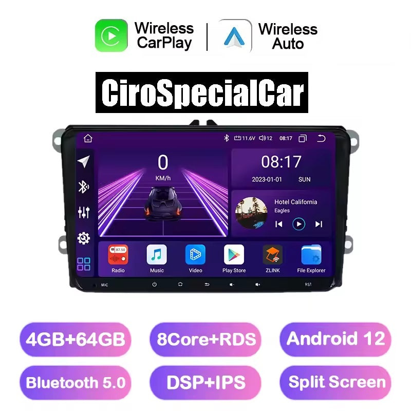 Autoradio 9" 2Din Android 13 Lettore multimediale per auto per VW Polo Bora Golf 5 6 Passat CC B6 B7 Jetta Tiguan Wireless BT GPS Navi Carplay