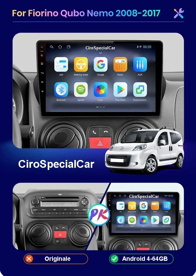 Kit Fiat QUBO 2008 - 2015 / AUTORADIO ANDROID TOUCH 9" WIFI NAVIGATORE 4/64GB
