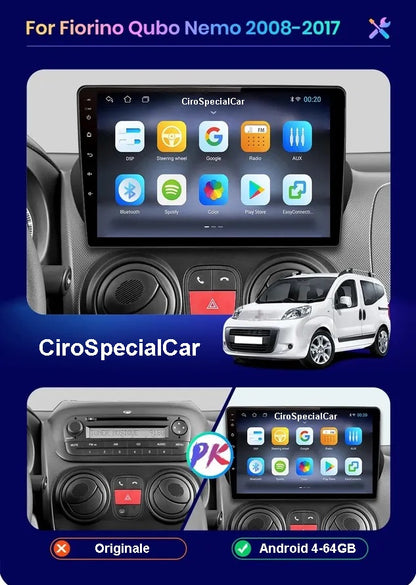 Kit Fiat QUBO 2008 - 2015 / AUTORADIO ANDROID TOUCH 9" WIFI NAVIGATORE 4/64GB